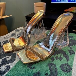 Fashion Nova Gold Metallic Square Toe Clear Strap Block Heels